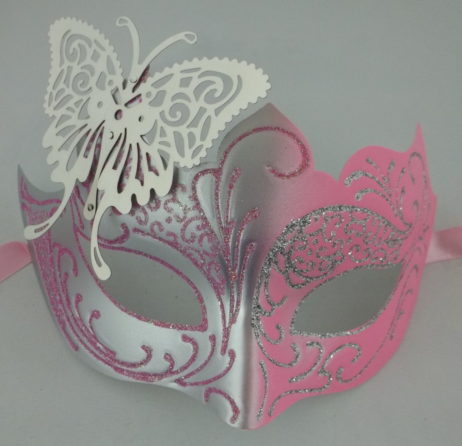 Silver Pink Butterfly Masquerade Venetian Halloween Mask