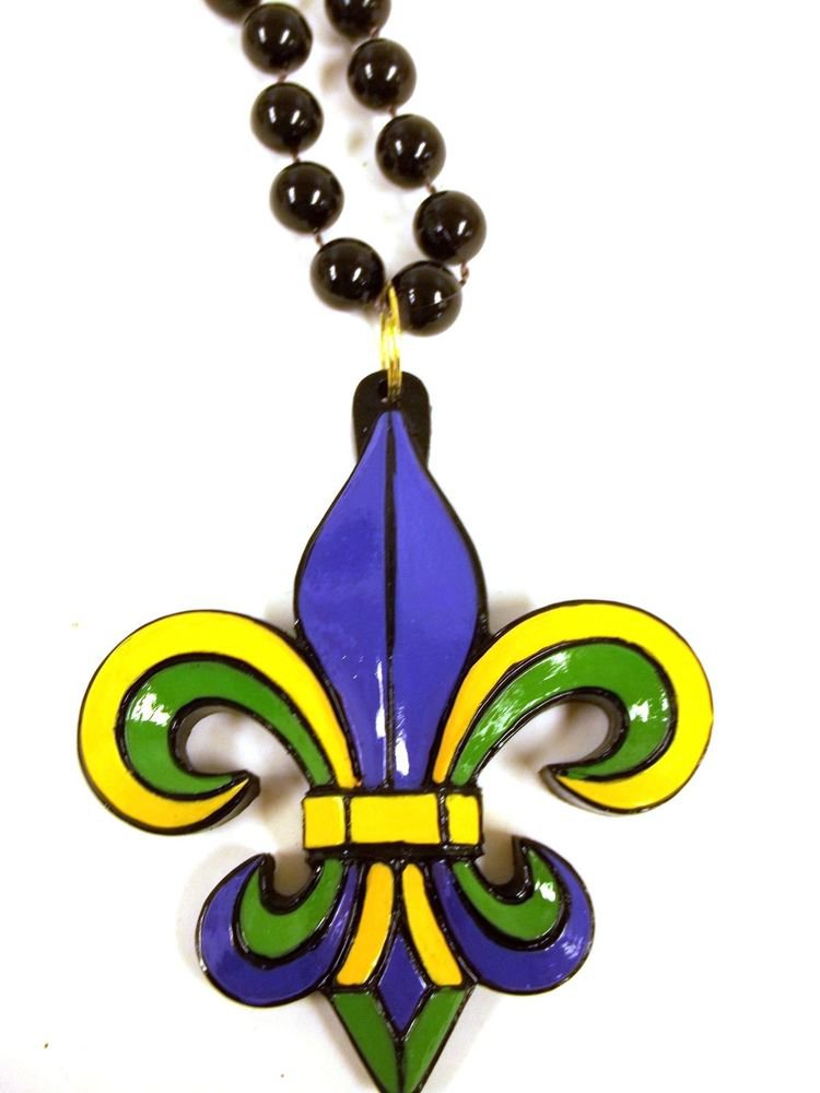 Purple Green Gold Fleur De Lis 36" Resin Bead Mardi Gras Necklace New