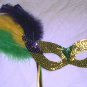 Gold Feather Mask and Stick Mardi Gras Masquerade Party