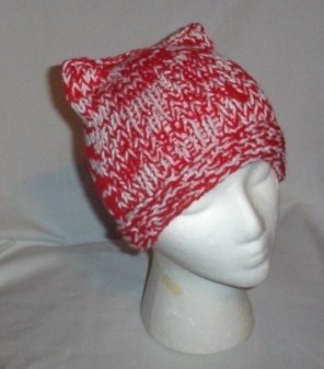 Hand Knit Cat Ears Hat Meooow - Red and White