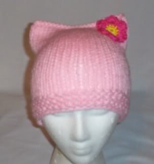 Hand Knit Cat Ears Hat Meow - Hello Kitty L Pink/Flower