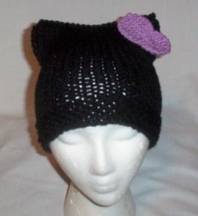 Hand Knit Cat Ears Hat Meow - Hello Kitty Black/Lavenda