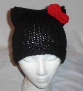 Hand Knit Cat Ears Hat Meow - Hello Kitty Black/Red Bow