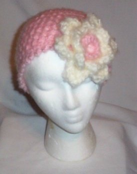 Hand Crochet Pink Mesh Hat with Off White Flower