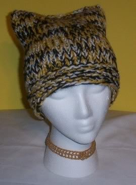 Hand Knit Cat Ears Hat Meooow - Black Gold White Steelers