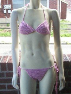Hand Crochet Bikini A/B Cup Small Pink Bling Beach Vacation Cruise Spa Poolside