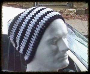 Hand Crochet - Mens Slouchy Beanie Hat Skater Emo Goth - Black White Stripe