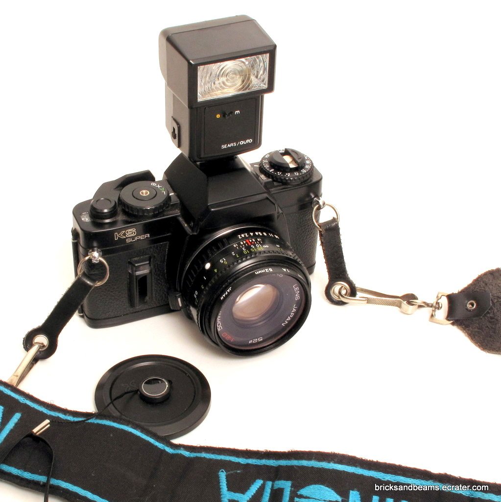Ricoh Sears KS Super SLR 35mm Camera 50mm Lens, Flash, Strap
