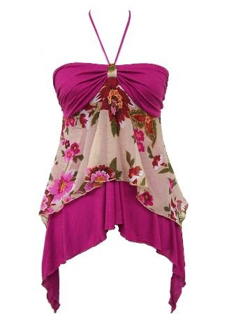 Fuchsia Chiffon Solid Floral Print Layered Halter Top Large