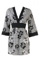 Black Floral Print Long Kimono Tie Back Top Medium