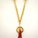 RED SPONGE CORAL CHARM with VINTAGE STYLE LONG NECKLACE