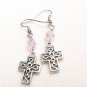 Cross Dangle Handmade Earrings with Pink Crystal