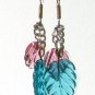 Glass Leaf Handmade Earrings with Aqua and Pink