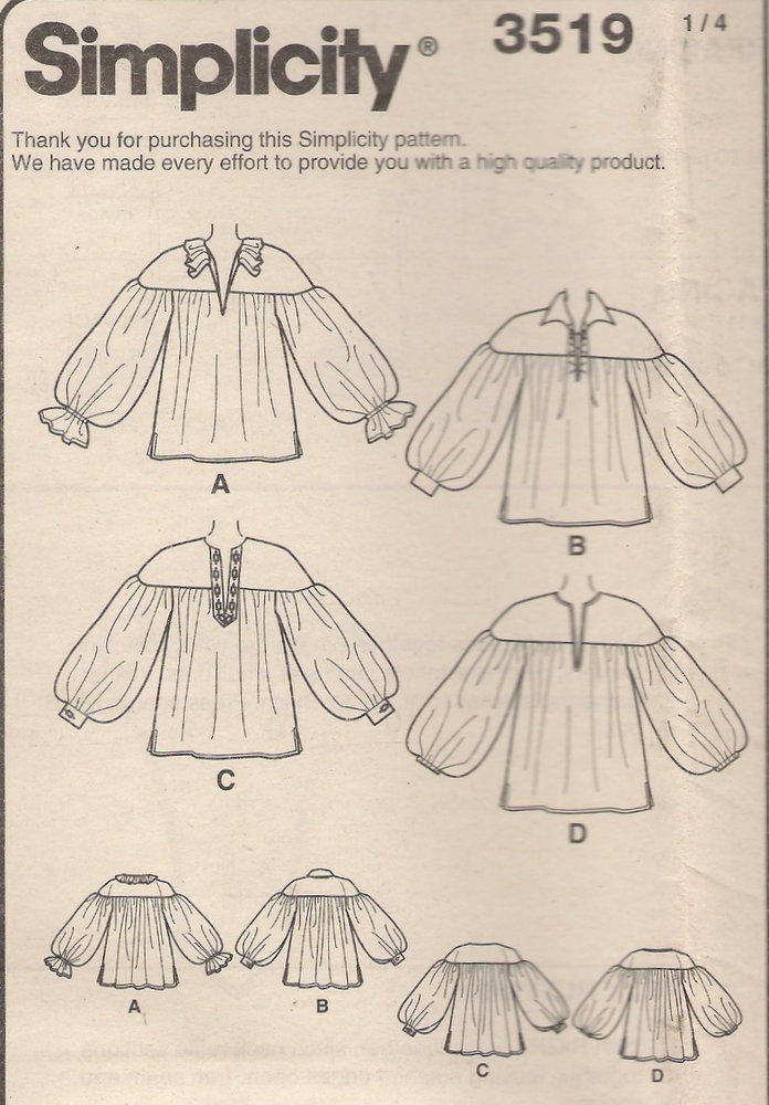 Simplicity 3519 Sewing Pattern Unisex Historical Smock Shirt Ren Faire ...