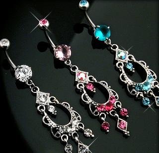 Clear Gem and Clear Swarovski Crystal Chandelier Dangle Belly Button Navel Ring Bar (3728)