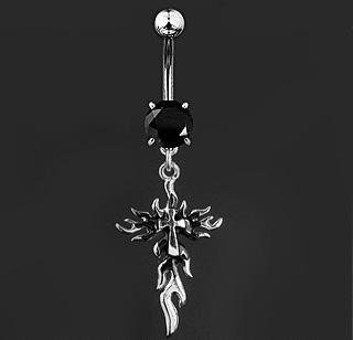 Jet Black Solitaire Gem Gothic Flaming Cross Dangle Belly Button Navel Ring Bar Flame (4049)