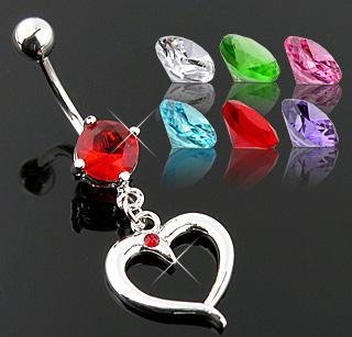 Clear CZ Heart Dangle with Gem Belly Button Navel Ring Bar 14 gauge (2259)
