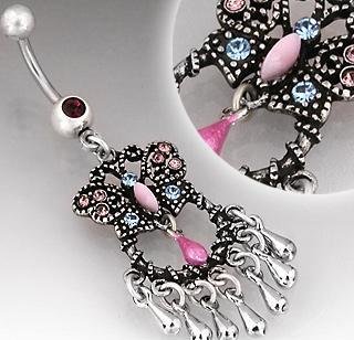 Vintage Style Pink Blue Butterfly Belly Button Navel Ring Bar (3661)