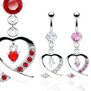 Red CZ Pave' Heart Dangle Belly Button Navel Ring Bar 14 gauge 3/8 (6770)