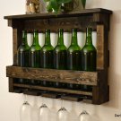 Rustic Wine Rack Shelf Storage 6 Bottle 4 glass Holder Wall Bar Dark Walnut Finished Wood