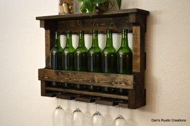 Rustic Wine Rack Shelf Storage 6 Bottle 4 glass Holder Wall Bar Dark Walnut Finished Wood