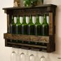 Rustic Wine Rack Shelf Storage 6 Bottle 4 glass Holder Wall Bar Dark Walnut Finished Wood