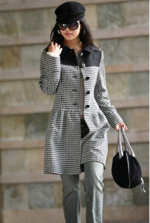 Korean Black Lattice Wool-Blend Dress Coat