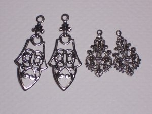 4 Fancy Silver over Brass Ornate Drops for Earrings or Pendants