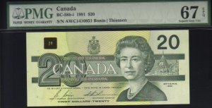 1991 $20  BANK OF CANADA PMG67 gem