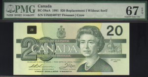 1991 EIX  $20 "replacement" BANK OF CANADA PMG67 gem