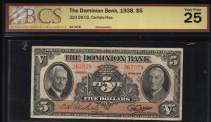 1938 $5 THE DOMINION BANK  BCS VF 25