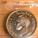 1946 CANADA  SILVER DOLLAR   MS-60  ICCS CERTIFIED COIN