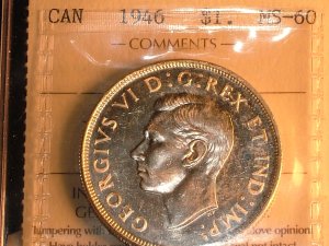 1946 CANADA  SILVER DOLLAR   MS-60  ICCS CERTIFIED COIN