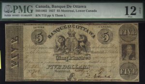 1837  $5  BANQUE DE OTTAWA PMG12 HIGH  GRADE