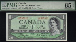 1954 $1 "DEVILS FACE H/A" BANK OF CANADA PMG65  gem UNCIRCULATED