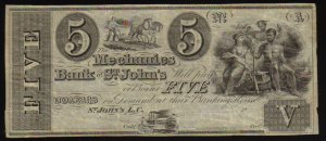 $5 THE MECHANICS BANK st john CANADA CHARTERED BANKNOTE