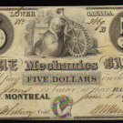 $5 THE MECHANICS BANK MONTREAL CANADA CHARTERED BANKNOTE