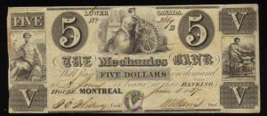 $5 THE MECHANICS BANK MONTREAL CANADA CHARTERED BANKNOTE