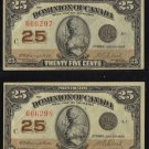 1923 CONSECUTIVE 25cents shinplster DOMINION OF CANADA EF/AU