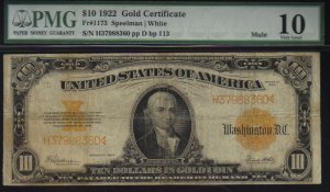 USA $10 1922 gold certificate much scarcer  MULE PMG vg10