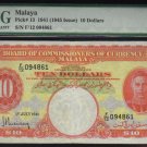 1941 $10 Malaya 10 Dollars  PMG 20