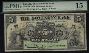 $5 1925 THE DOMINION BANK canada banknote PMG 15