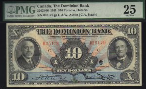 $10 1931 THE DOMINION BANK canada banknote PMG 25