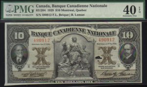 $10 BANQUE CANADIENNE NATIONALE banknote PMG 40 scarce  !