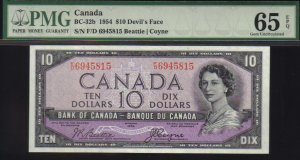 DEVILS FACE $10 BANK OF CANADA 1954 PMG 65 gem unc