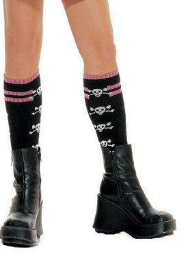Knee High Stocking Socks with Gothic Skulls and Cross Bone Design Leg Avenue Style# 5570-BLKPNK-OS