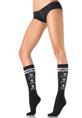Acrylic Knee High Stocking Socks with Skull Side Detail and Stripe Top Leg Avenue Style# 5581-BLKWHT