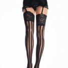 Lycra Thigh High Nylon Stocking with Vertical Stripe and 5-inch Lace Top Leg Avenue Style# 9218-BLK-