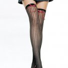 Lycra Crochet Net Thigh High Nylon Stocking with Ribbon Tie Top Leg Avenue Style# 9038-BLKRED-OS