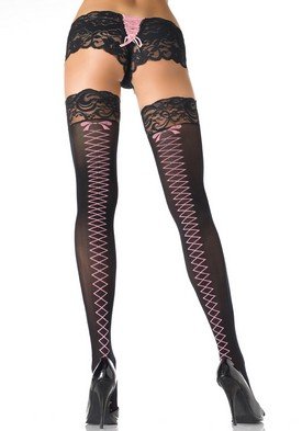 Lycra Opaque Thigh High Nylon Stocking with Bow and Woven Lace Up Top Leg Avenue Style# 9550-Q-BLKPN